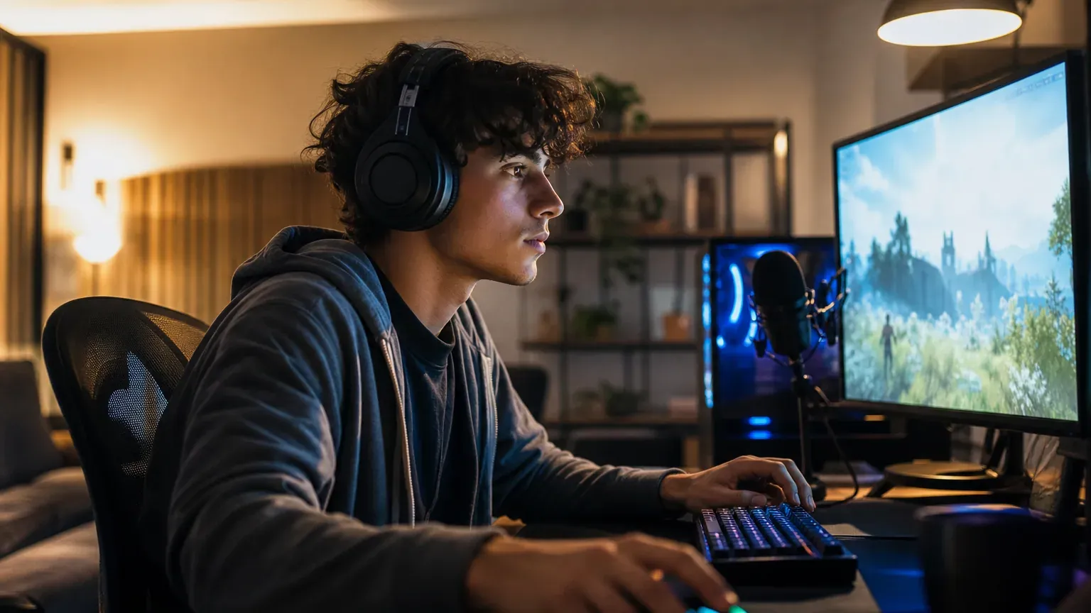 Joueur devant son écran d'ordinateur avec une manette et une souris de jeu