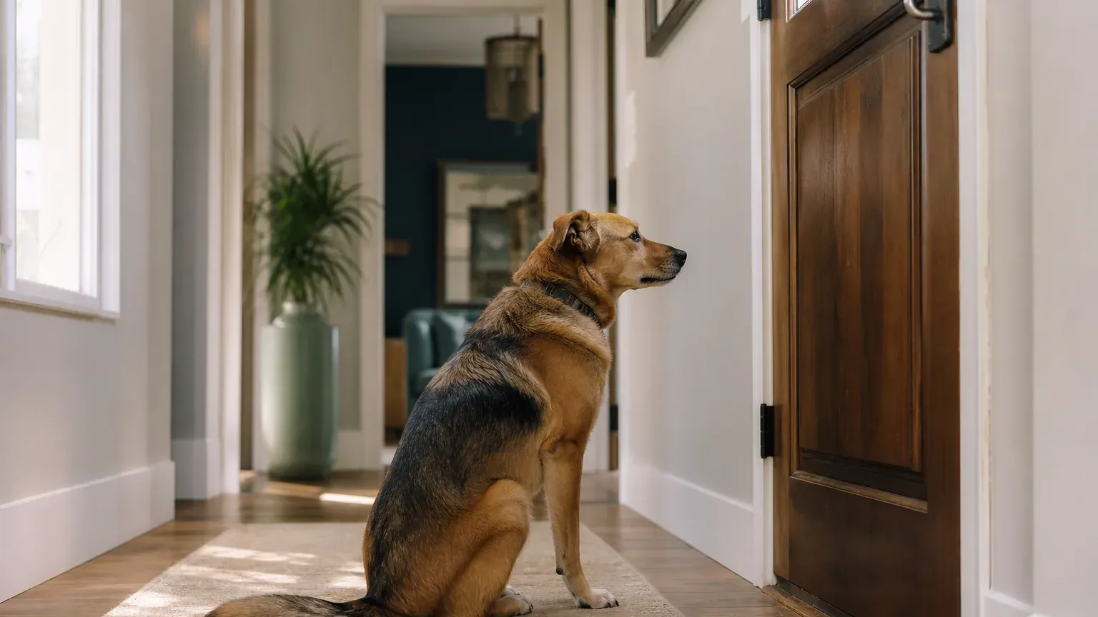 Chien attendant seul près de la porte d'entrée