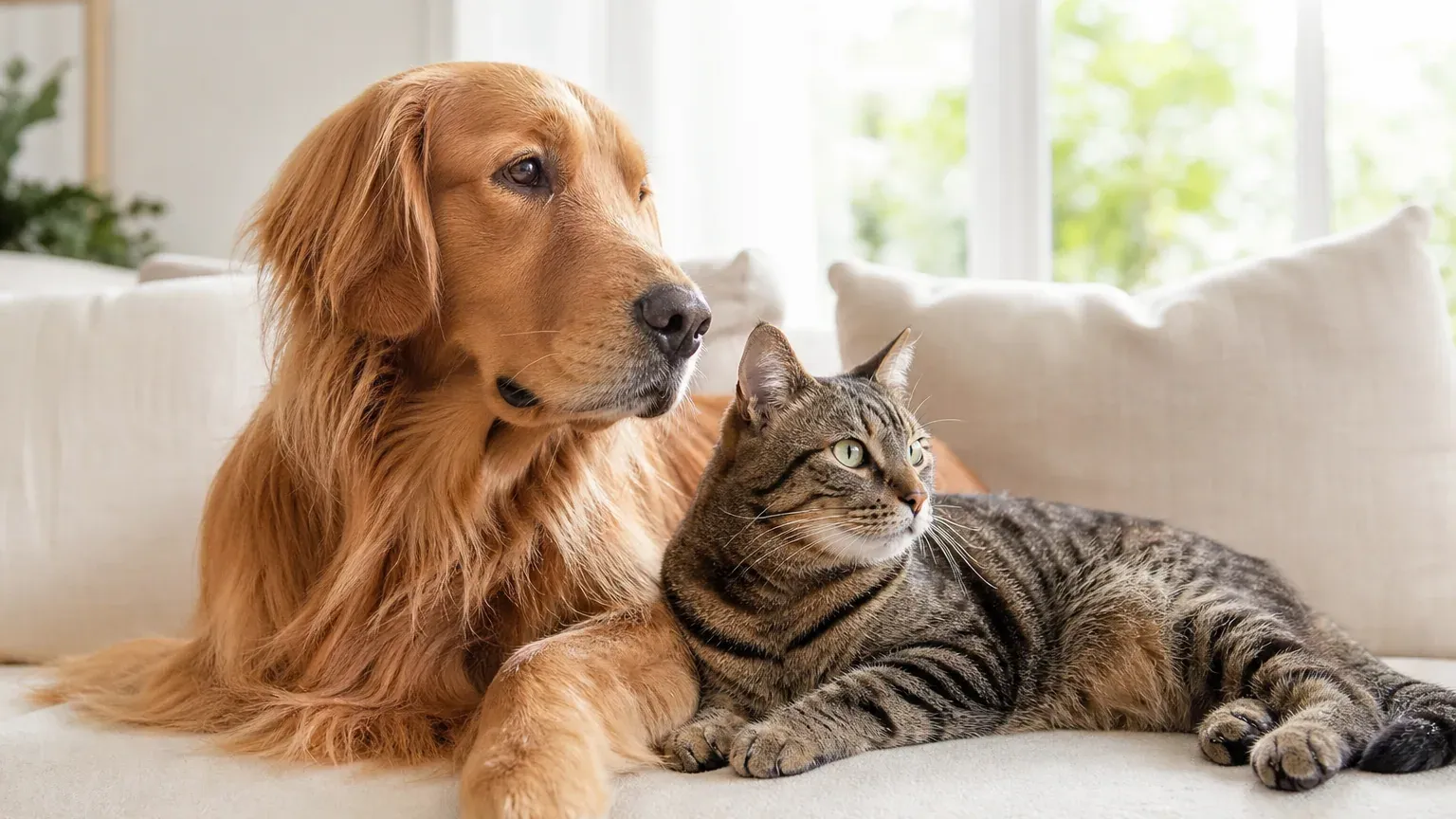 Un chien golden retriever et un chat tigré allongés ensemble sur un canapé clair dans un salon lumineux