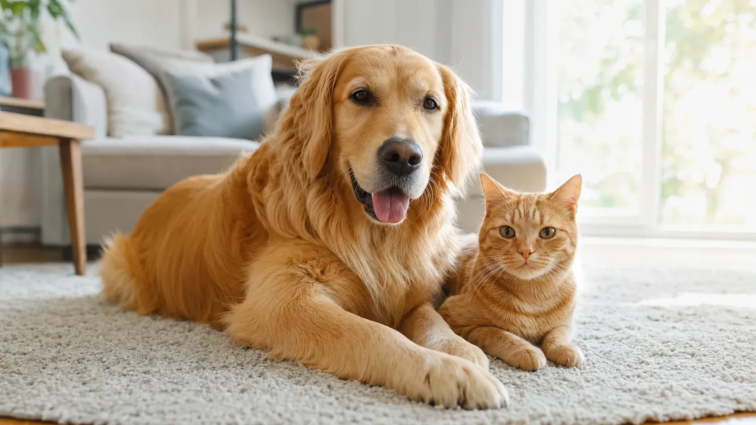 Un chien golden retriever et un chat roux ensemble dans un salon lumineux