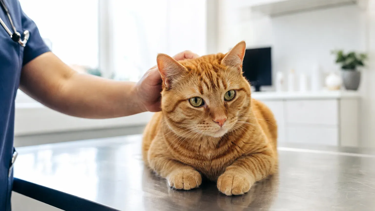 Chat roux examiné avec douceur sur une table de consultation vétérinaire