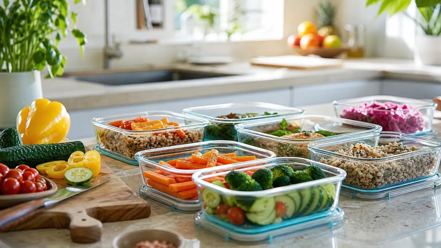 Boîtes hermétiques remplies de repas préparés et de légumes coupés sur un plan de travail