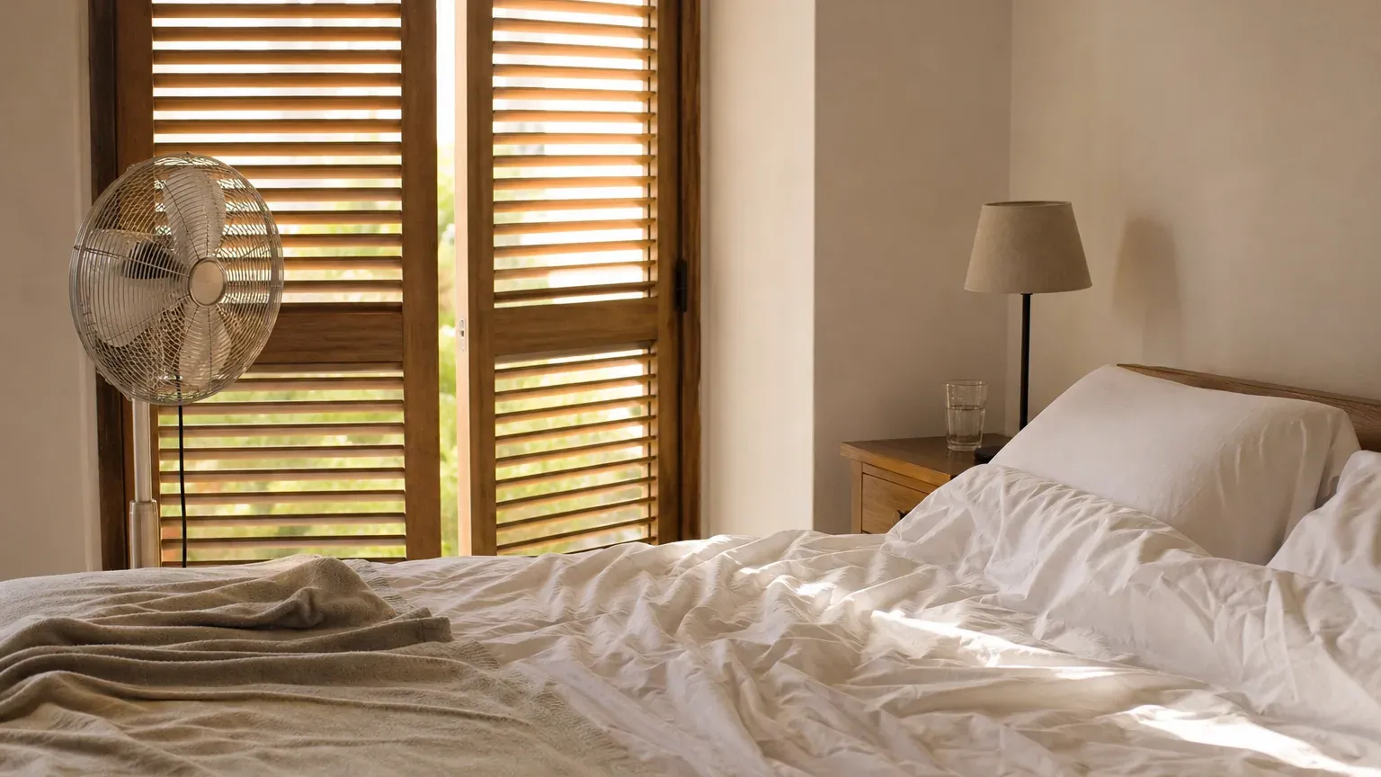 Chambre lumineuse aux volets mi-clos avec un ventilateur pour lutter contre la chaleur nocturne