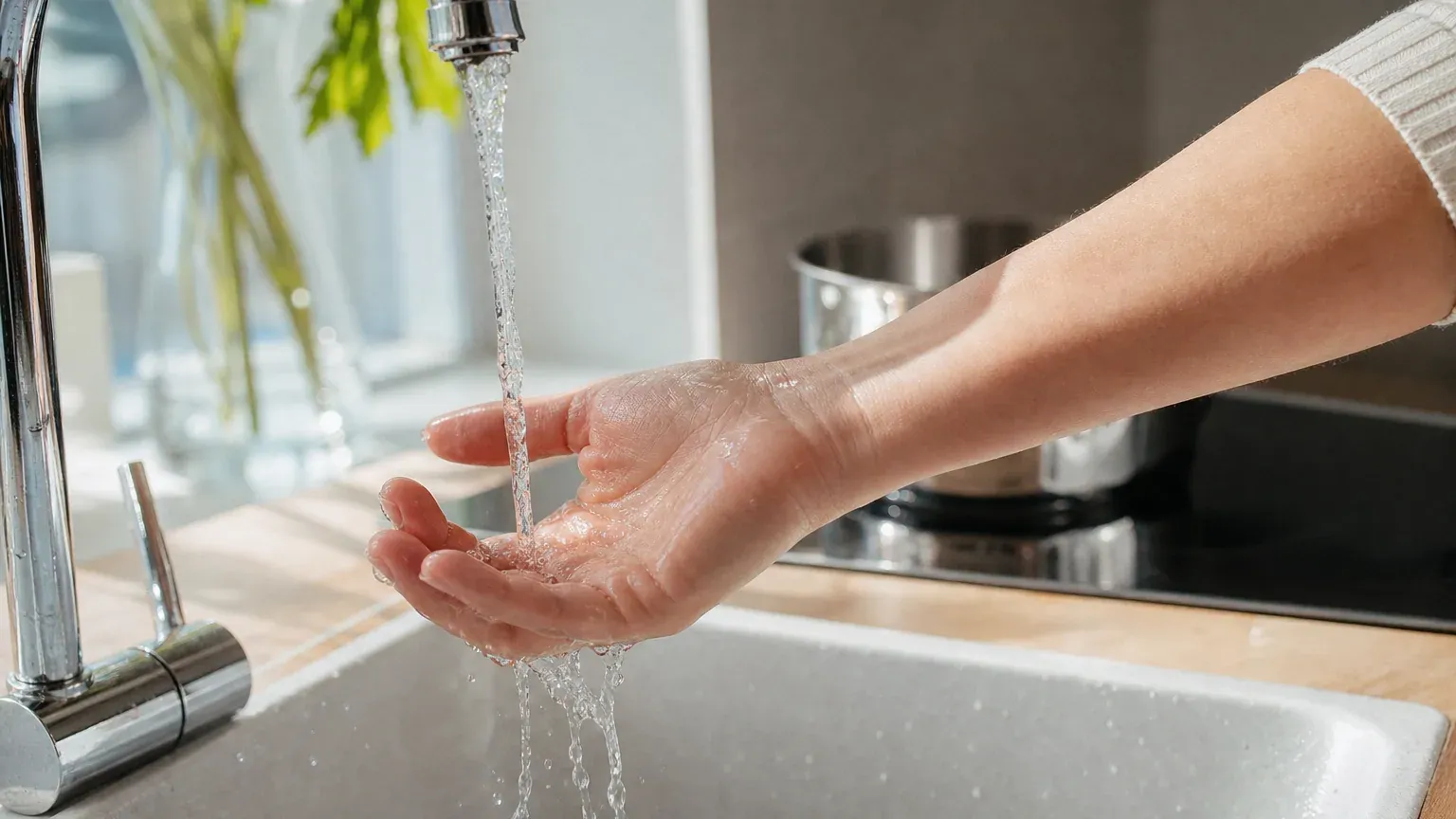 Main passée sous un filet d'eau fraîche au-dessus d'un évier, casserole sur la plaque en arrière-plan