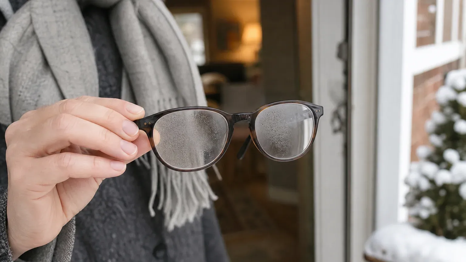 Main tenant une paire de lunettes de vue embuée à l'entrée d'une maison en hiver