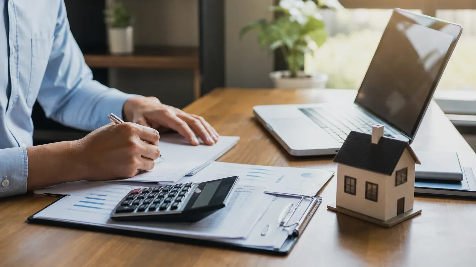 Personne calculant sa capacité d'emprunt immobilier avec une calculatrice et des documents sur un bureau