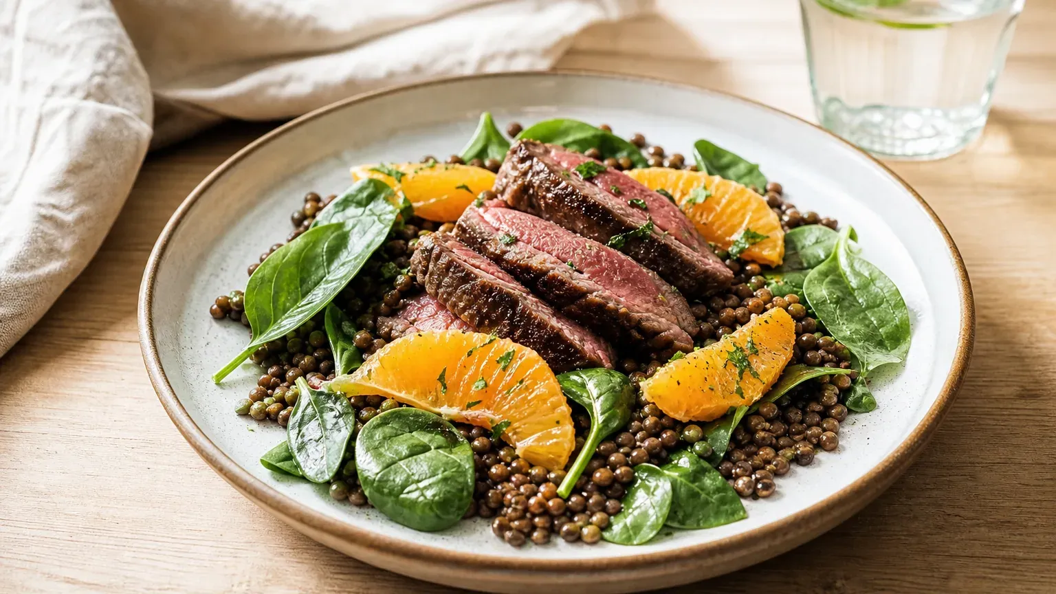 Assiette équilibrée riche en fer avec lentilles, épinards et viande rouge sur une table lumineuse