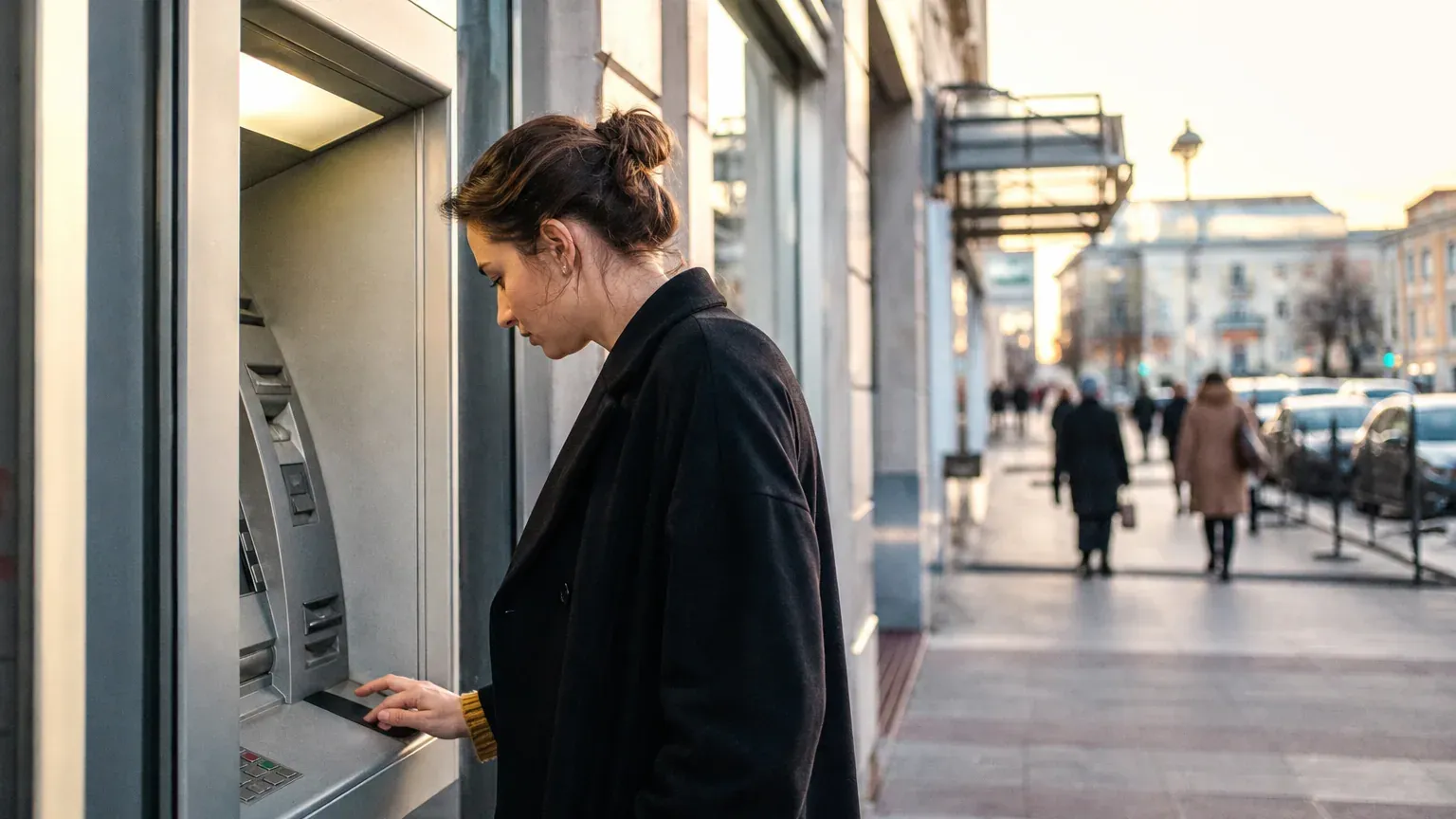 Distributeur automatique de billets dans une rue avec une personne qui regarde l'écran