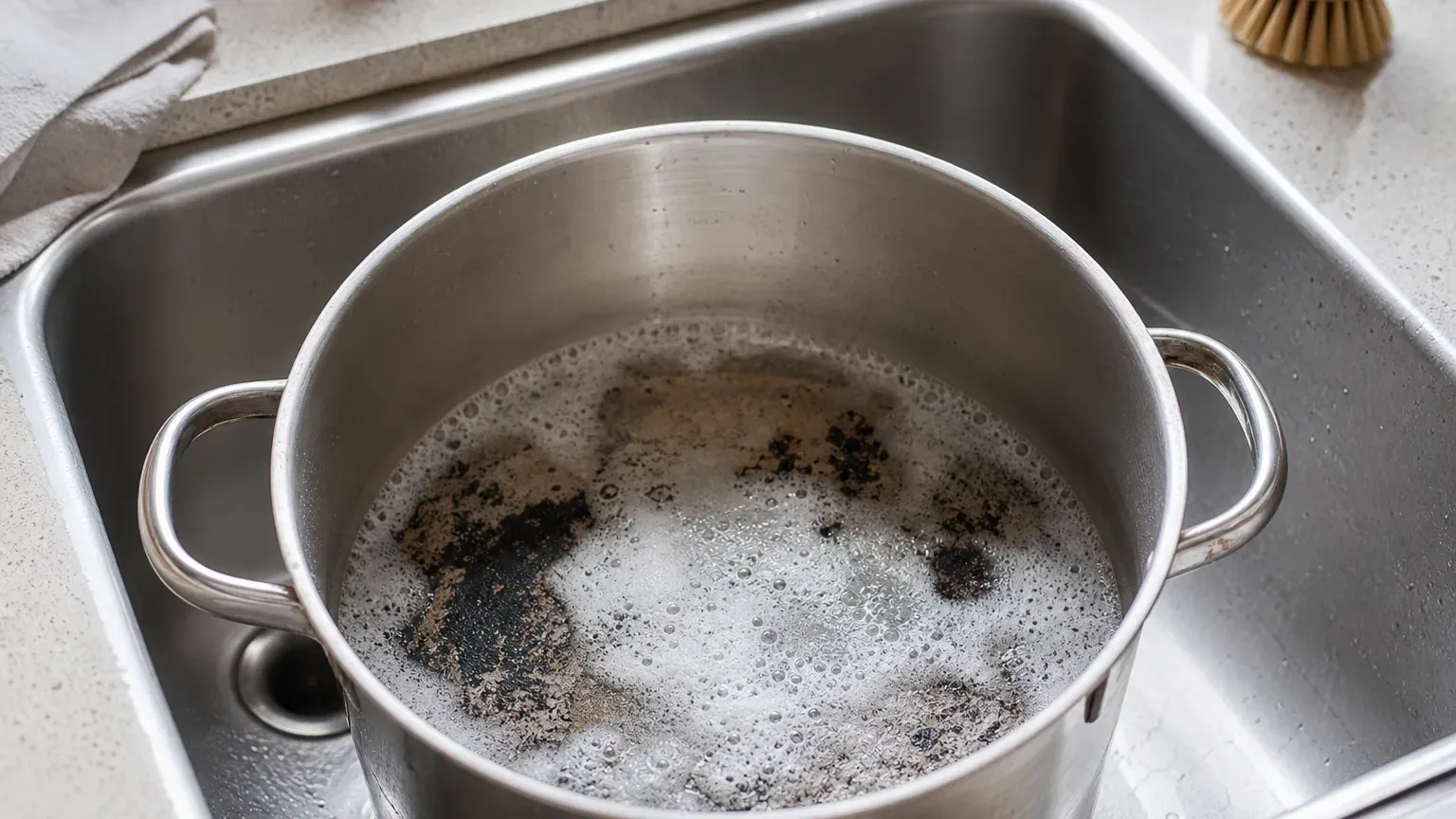 Casserole en inox au fond noirci en train de tremper dans l'évier avec du bicarbonate