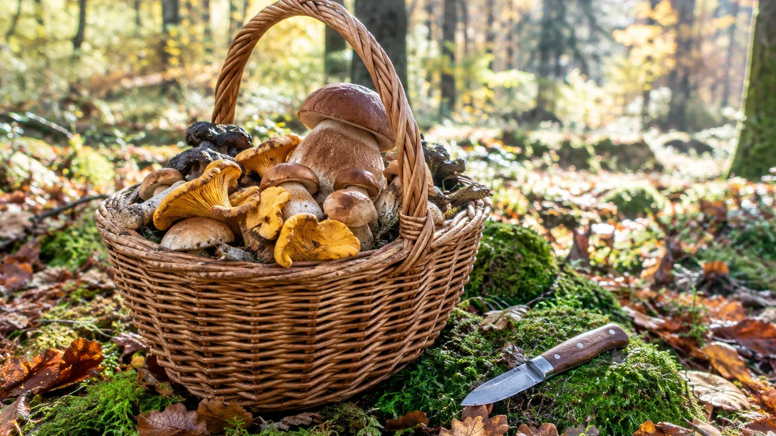 Panier en osier rempli de champignons sauvages posé sur la mousse d'une forêt en automne, couteau à côté