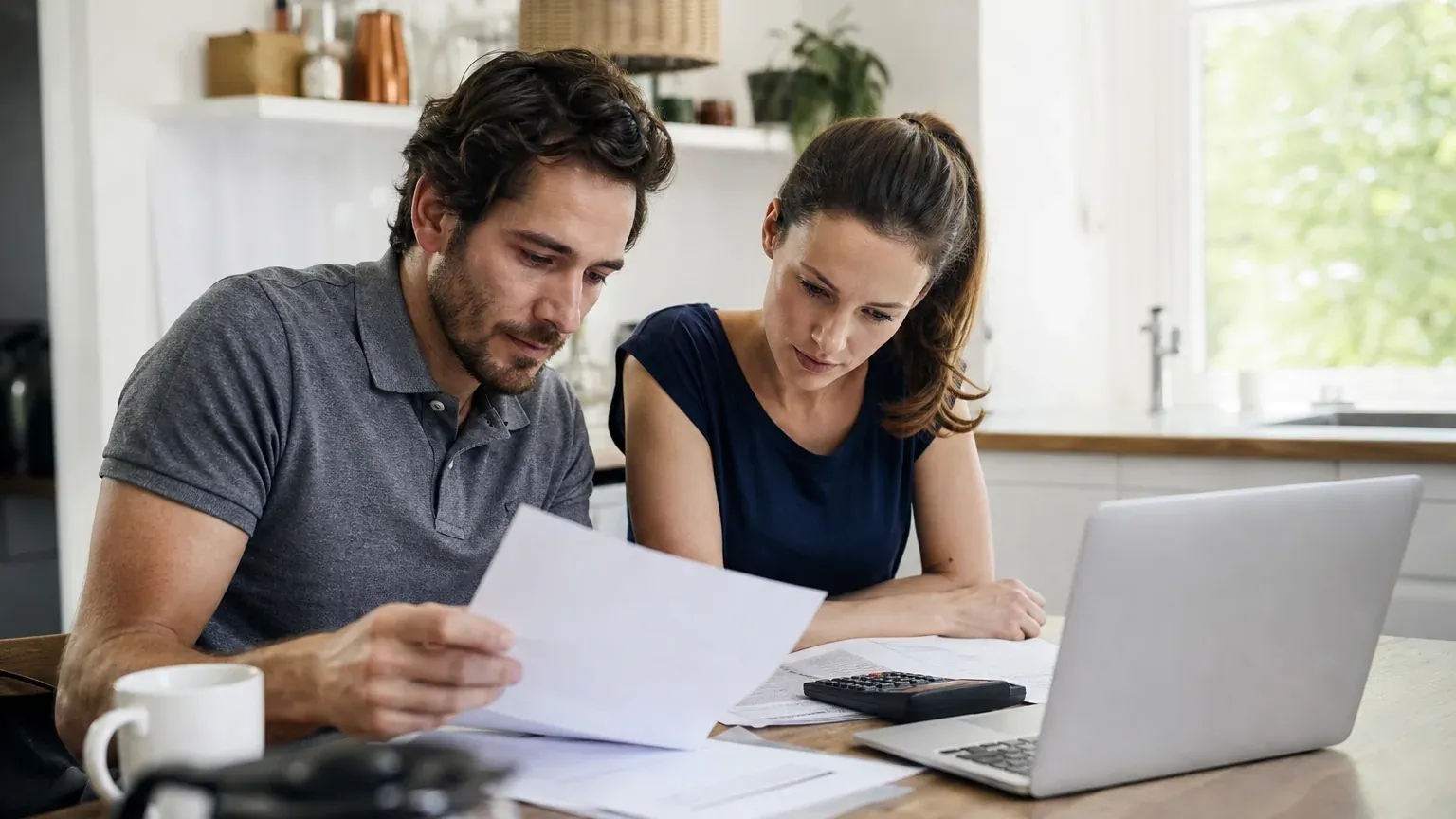 Couple lisant un contrat de prêt immobilier à la table de leur cuisine