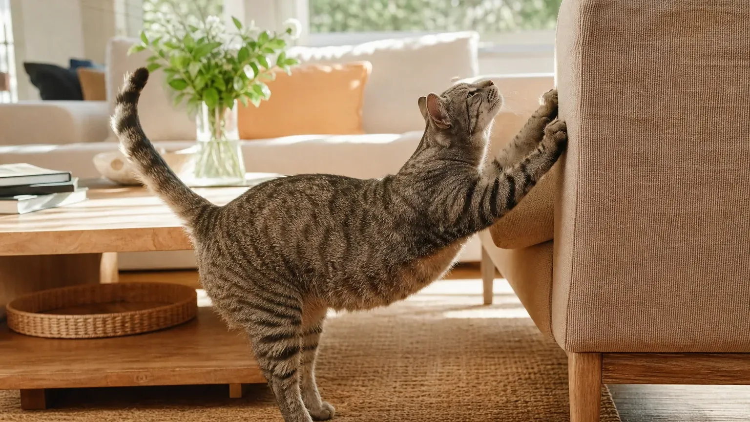 Chat tigré gris étirant ses pattes pour faire ses griffes sur l'accoudoir d'un canapé en tissu beige
