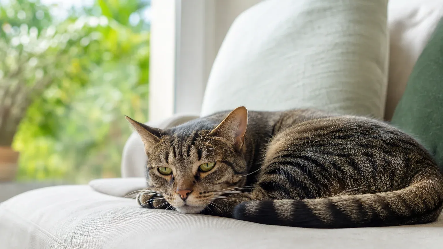 Chat tigré allongé sur un canapé, l'air abattu, à surveiller après des vomissements