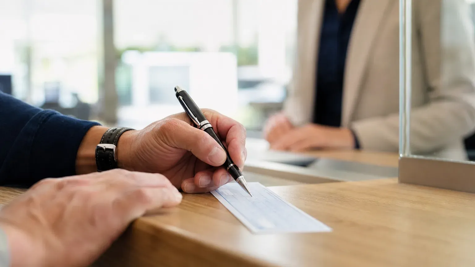 Personne remplissant un chèque au guichet d'une banque pour un achat important