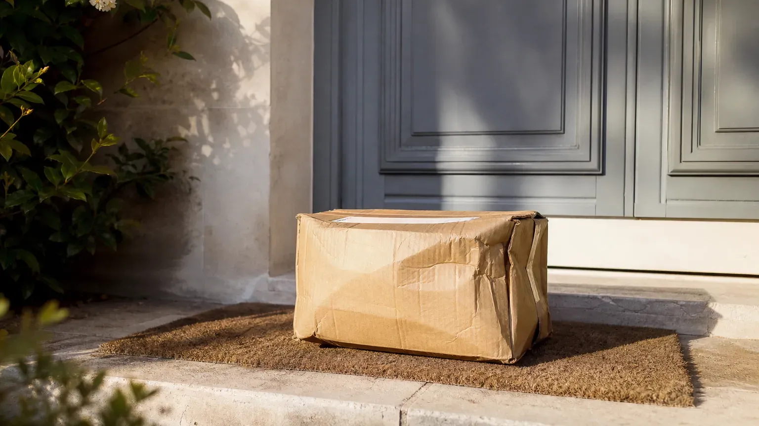 Colis en carton abîmé laissé devant la porte d'une maison