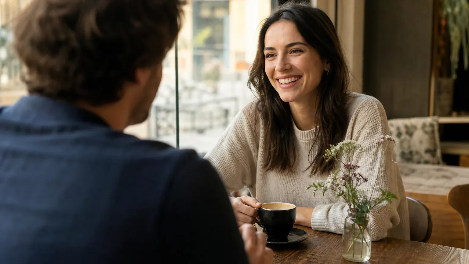 Deux personnes souriantes se rencontrant pour la première fois dans un café chaleureux