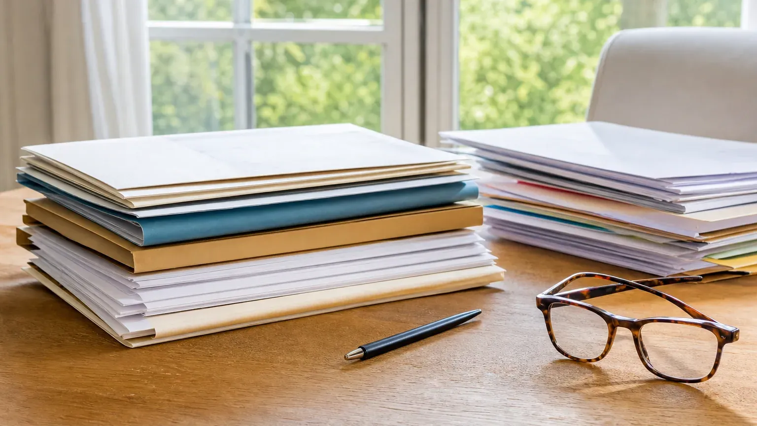 Documents administratifs et factures classés dans des pochettes sur un bureau