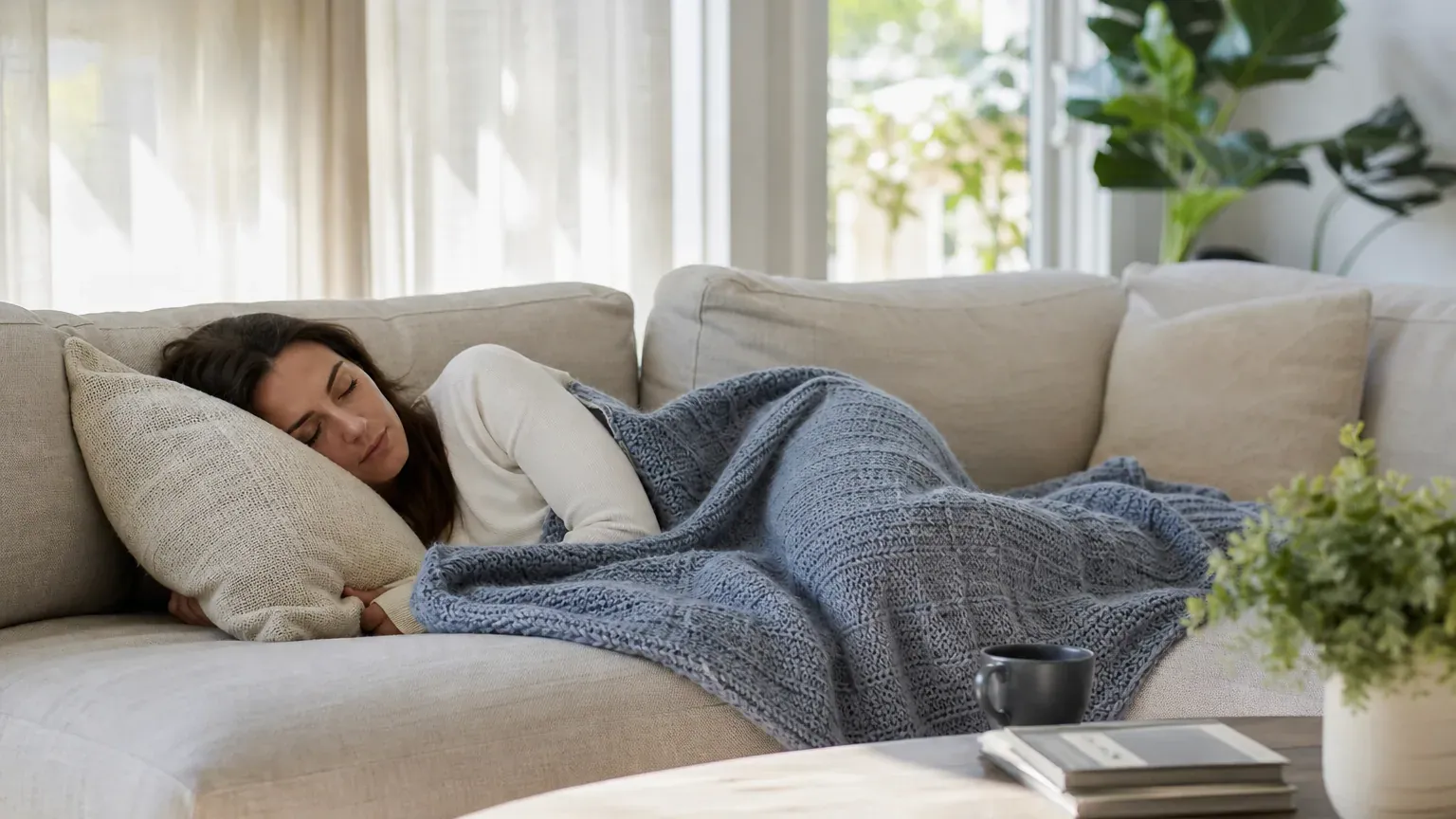 Femme faisant une courte sieste sous un plaid sur un canapé dans un salon lumineux