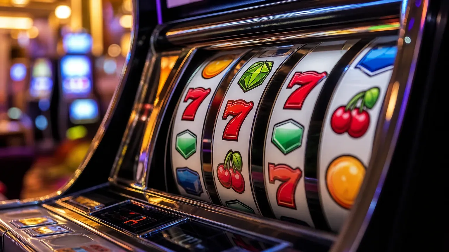 Rouleaux de machine à sous colorés affichant des symboles dans une ambiance de casino