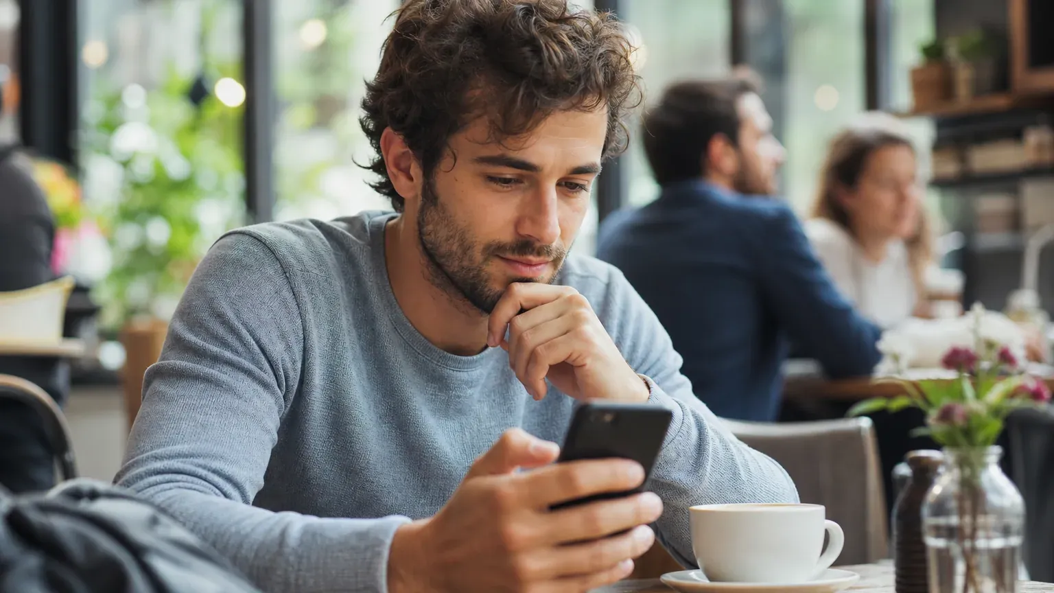 Personne consultant une application de rencontre sur son smartphone dans un café