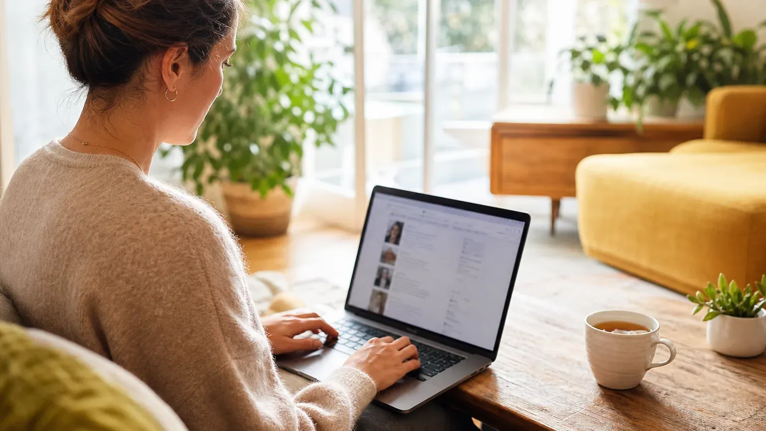 Personne consultant des avis clients sur un ordinateur portable avant un achat en ligne