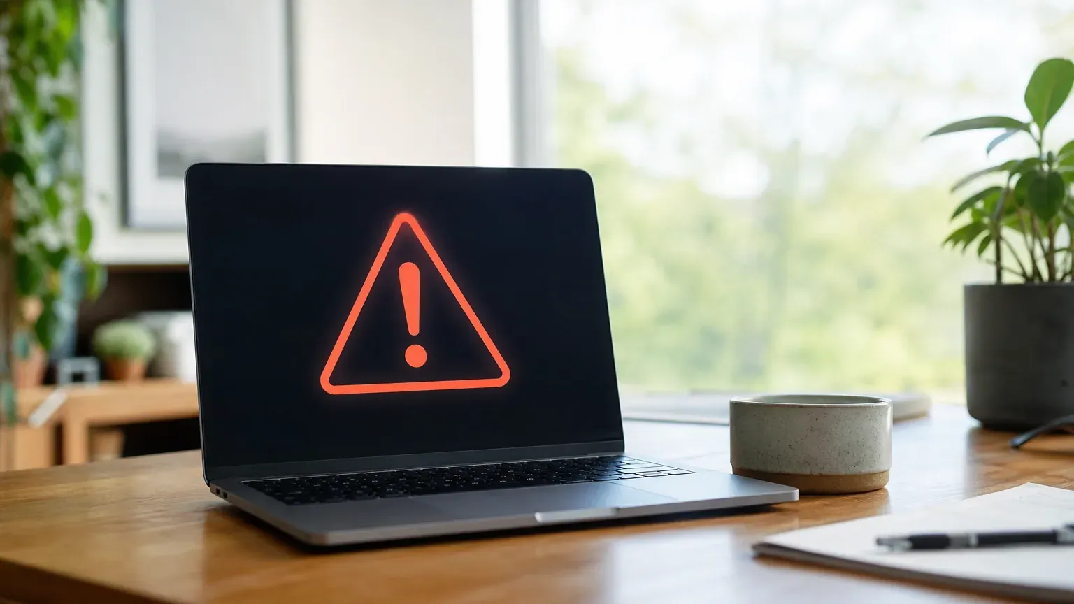 Ordinateur portable affichant une icône d'alerte de sécurité sur un bureau