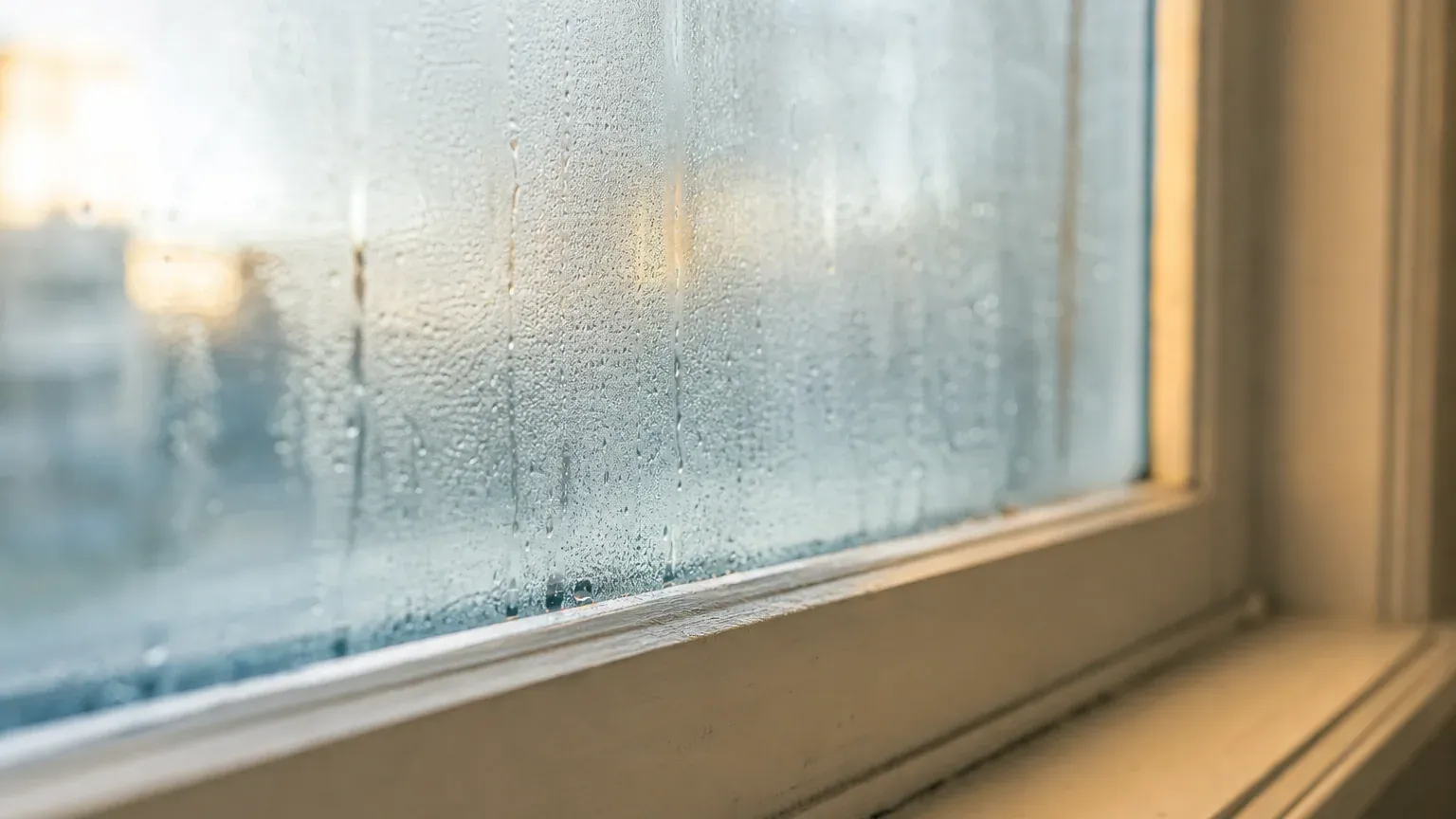Fenêtre couverte de buée avec des gouttes d'eau glissant sur la vitre un matin d'hiver