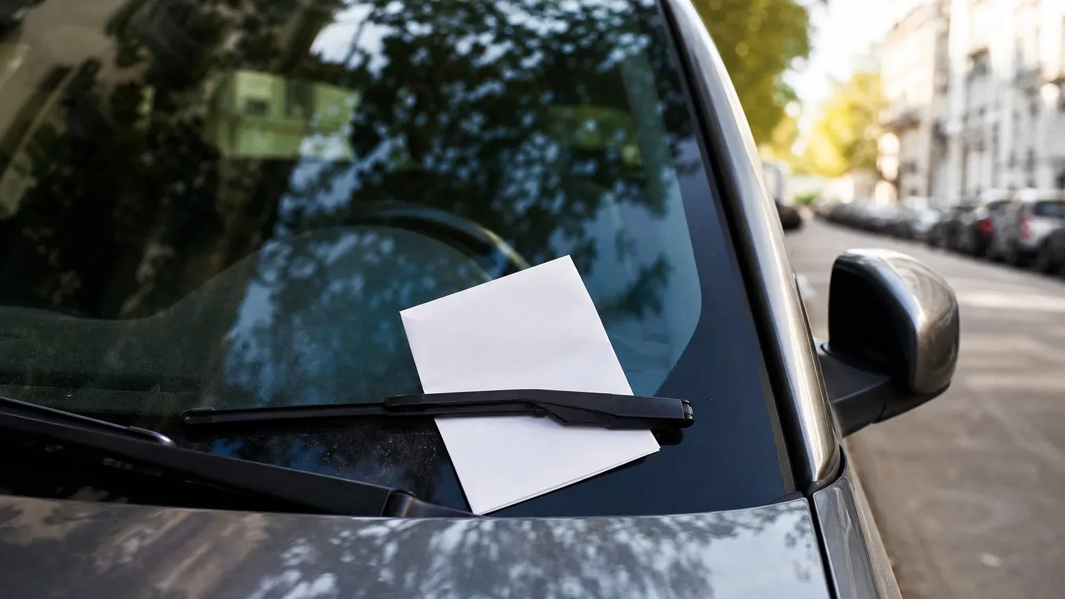 Avis de contravention glissé sous l'essuie-glace d'une voiture stationnée en ville