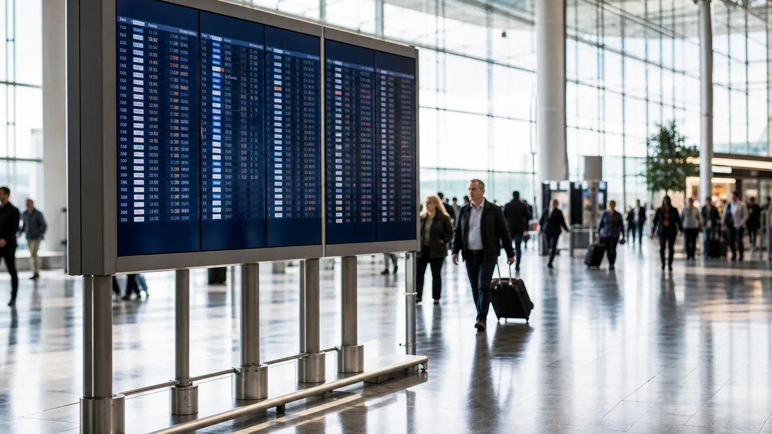 Panneau d'affichage des vols dans un aéroport avec des voyageurs pressés