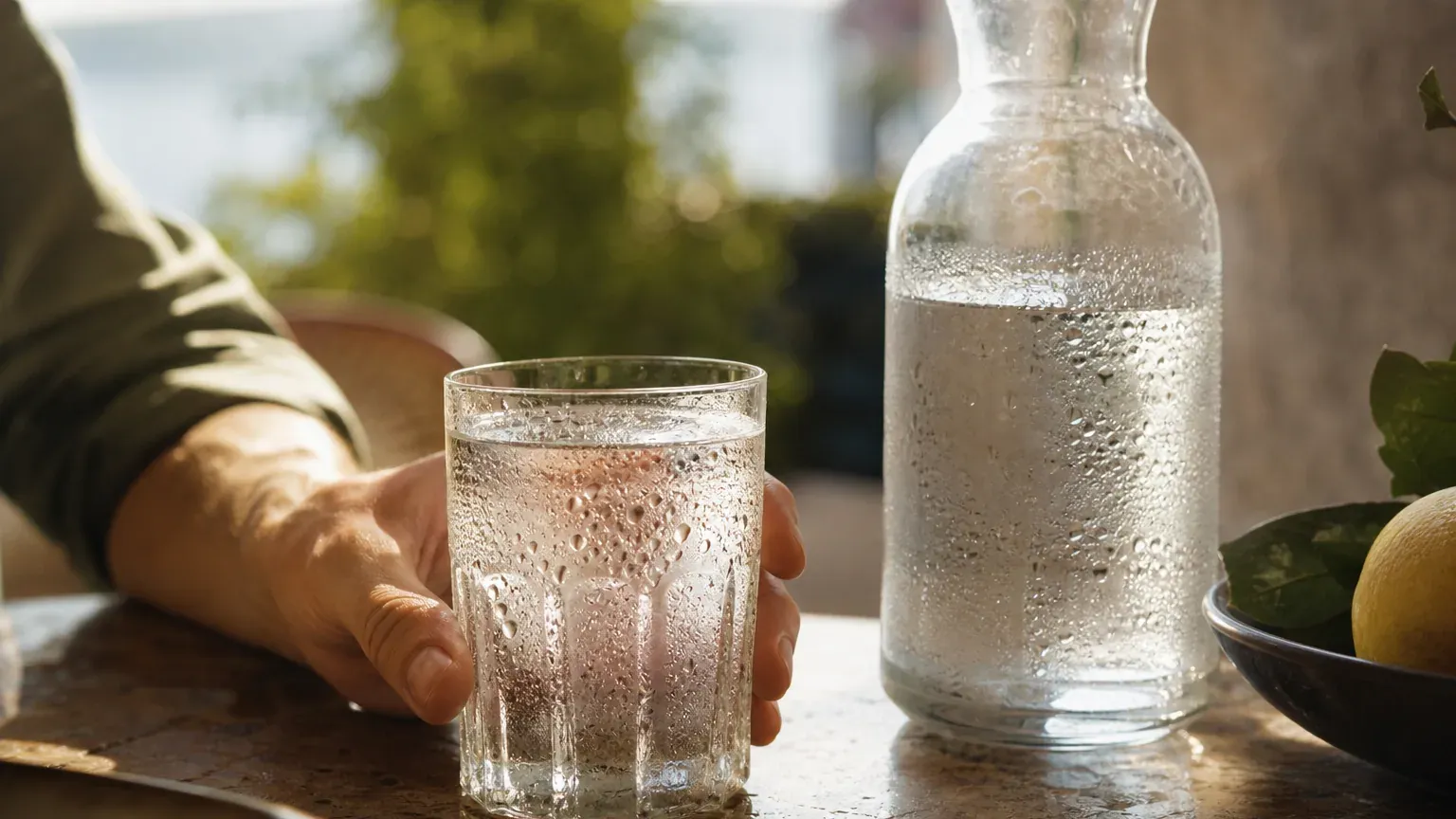 Personne se rafraîchissant avec de l'eau en pleine chaleur estivale