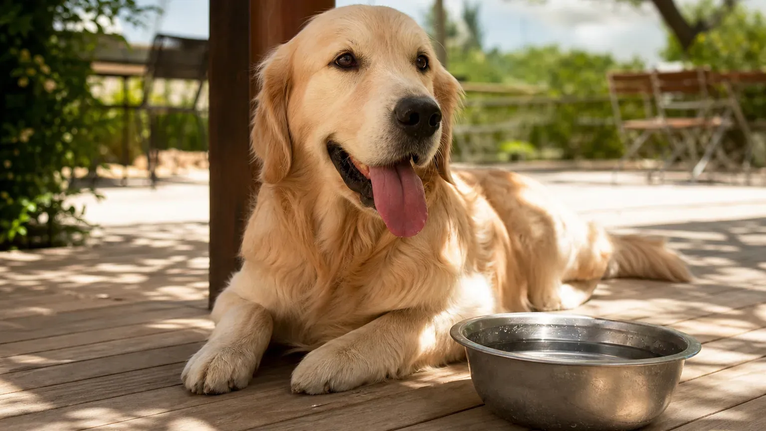 Chien haletant à l'ombre par forte chaleur, un bol d'eau à côté de lui
