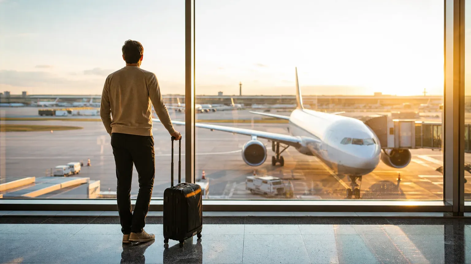 Voyageur regardant un long-courrier décoller au lever du jour à l'aéroport