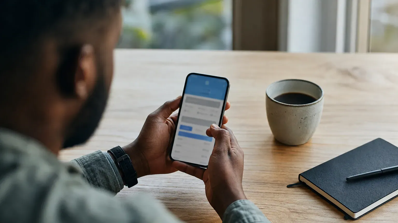 Personne consultant le solde de son compte bancaire sur son téléphone à son bureau