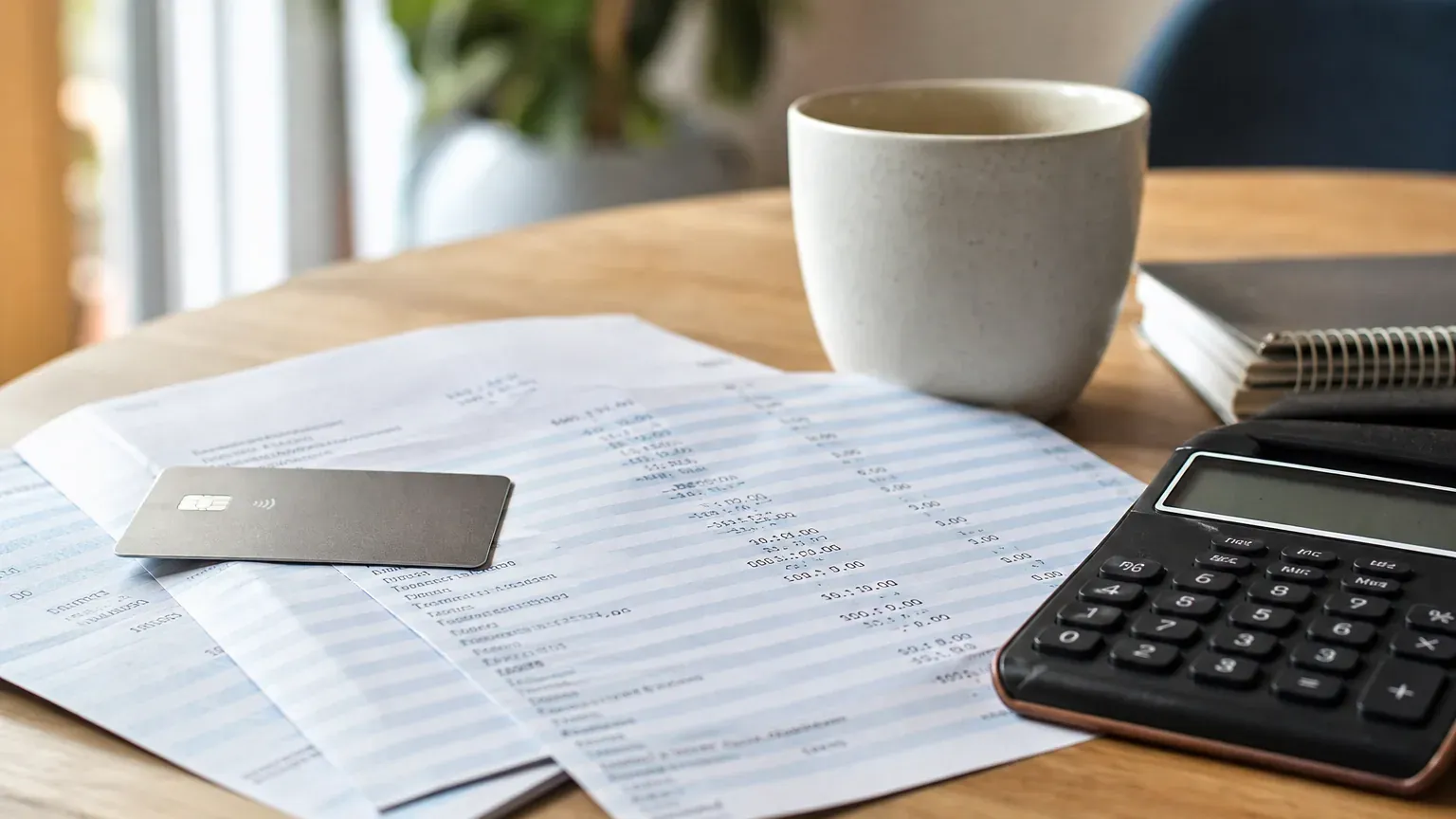 Relevé de compte bancaire posé sur une table à côté d'une carte bancaire