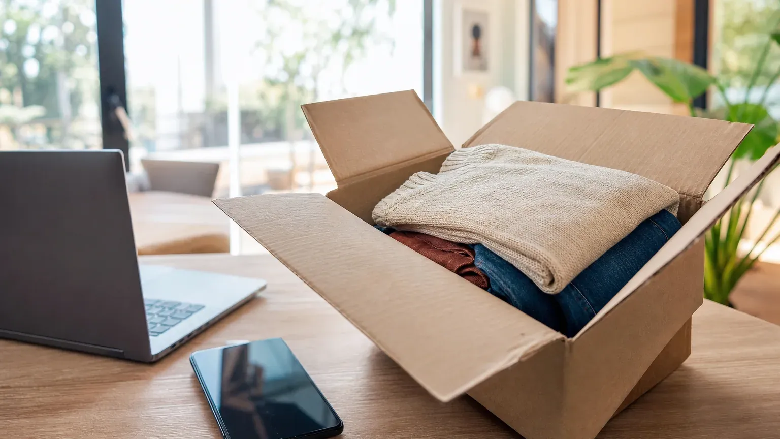 Colis d'un achat en ligne posé près d'un ordinateur portable, prêt à être renvoyé