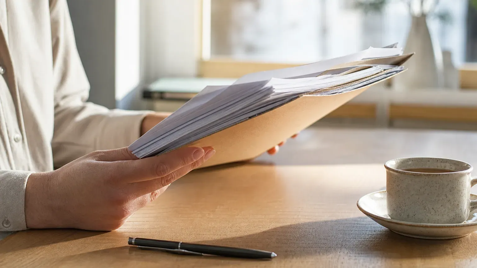 Mains tenant un dossier de démarches administratives après un décès