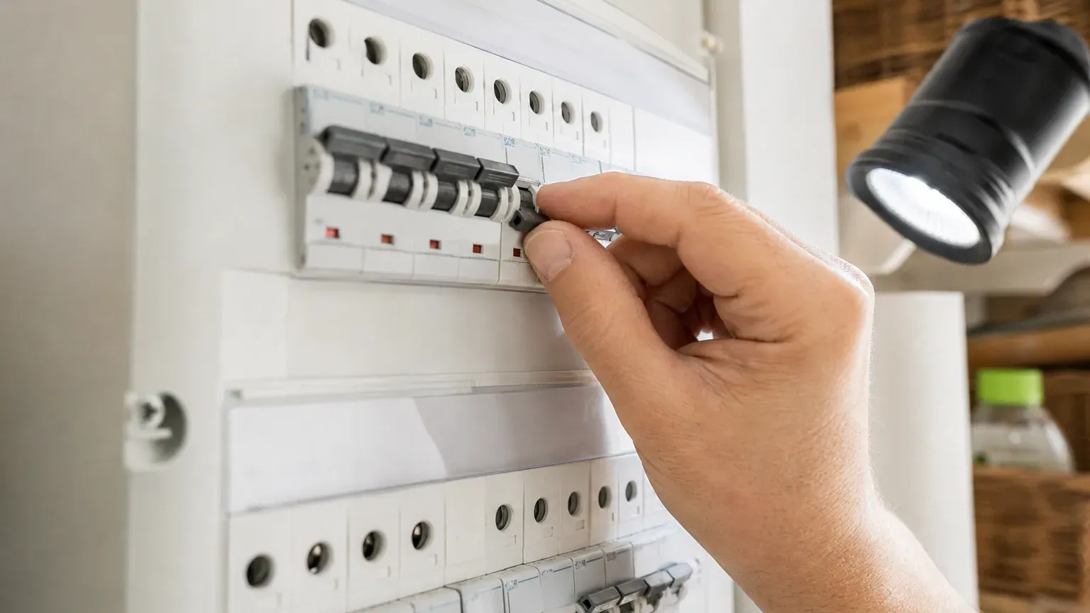 Main réarmant un disjoncteur dans un tableau électrique domestique éclairé par une lampe torche