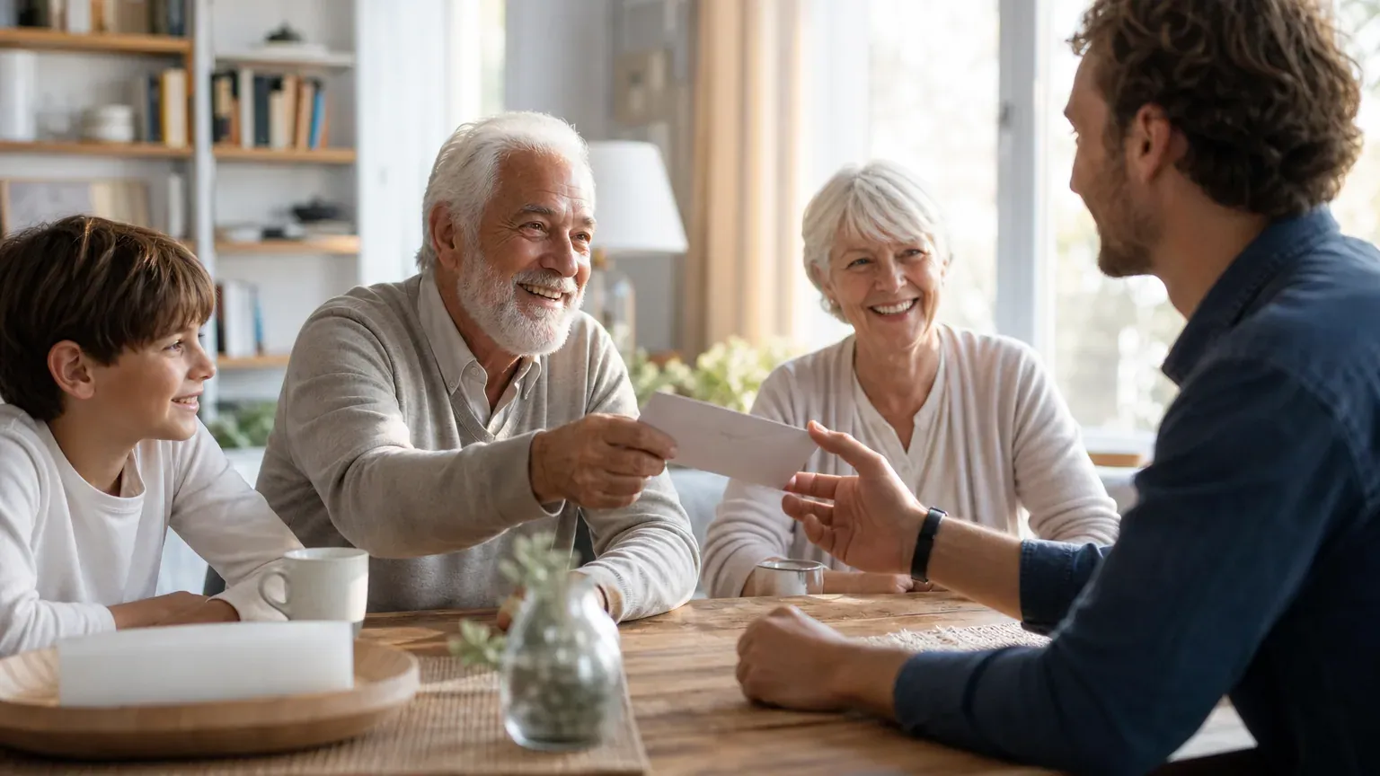 Grand-parent transmettant une enveloppe à ses petits-enfants autour d'une table familiale