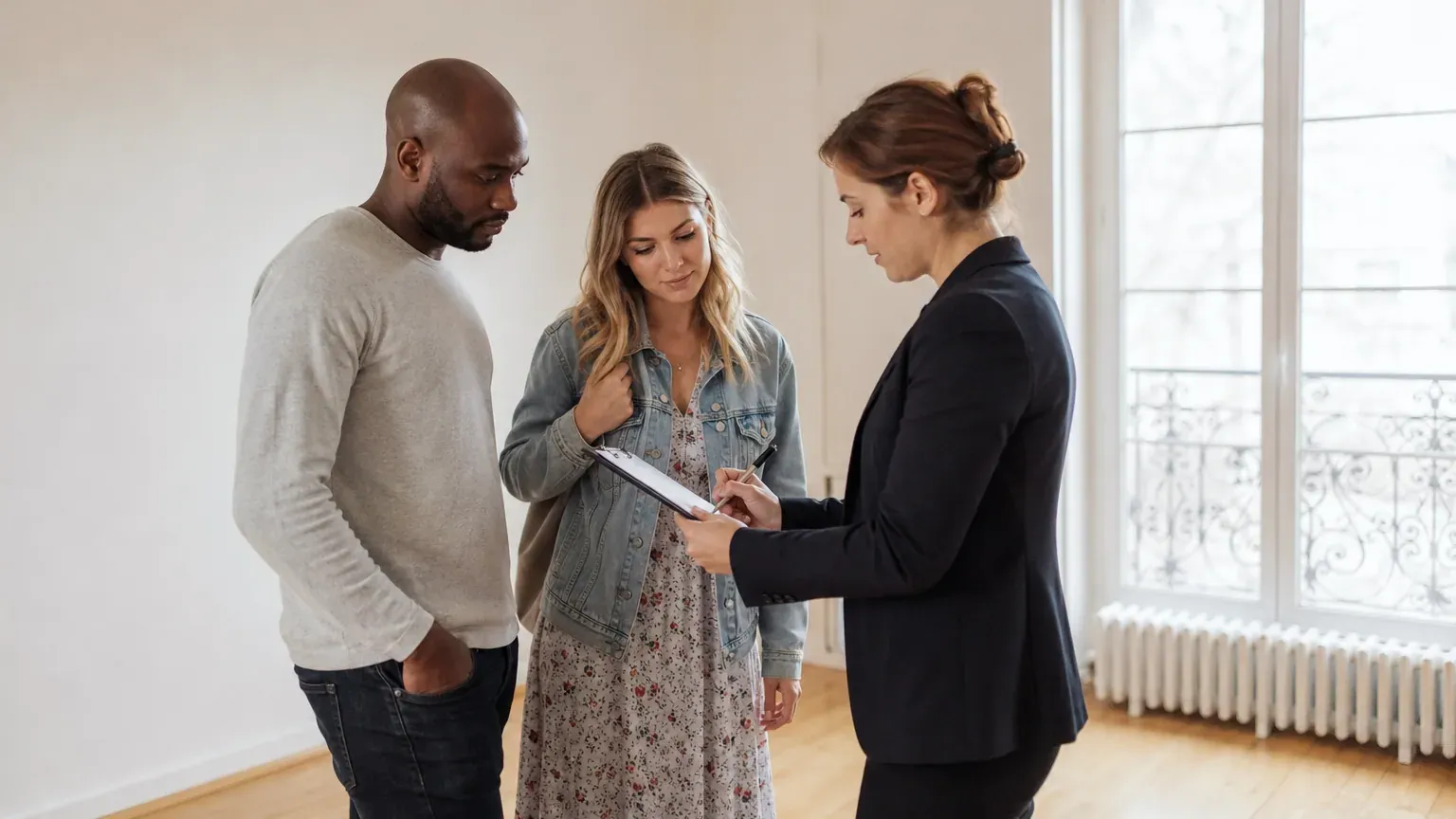 Locataire et bailleur remplissant un document d'état des lieux dans un logement vide