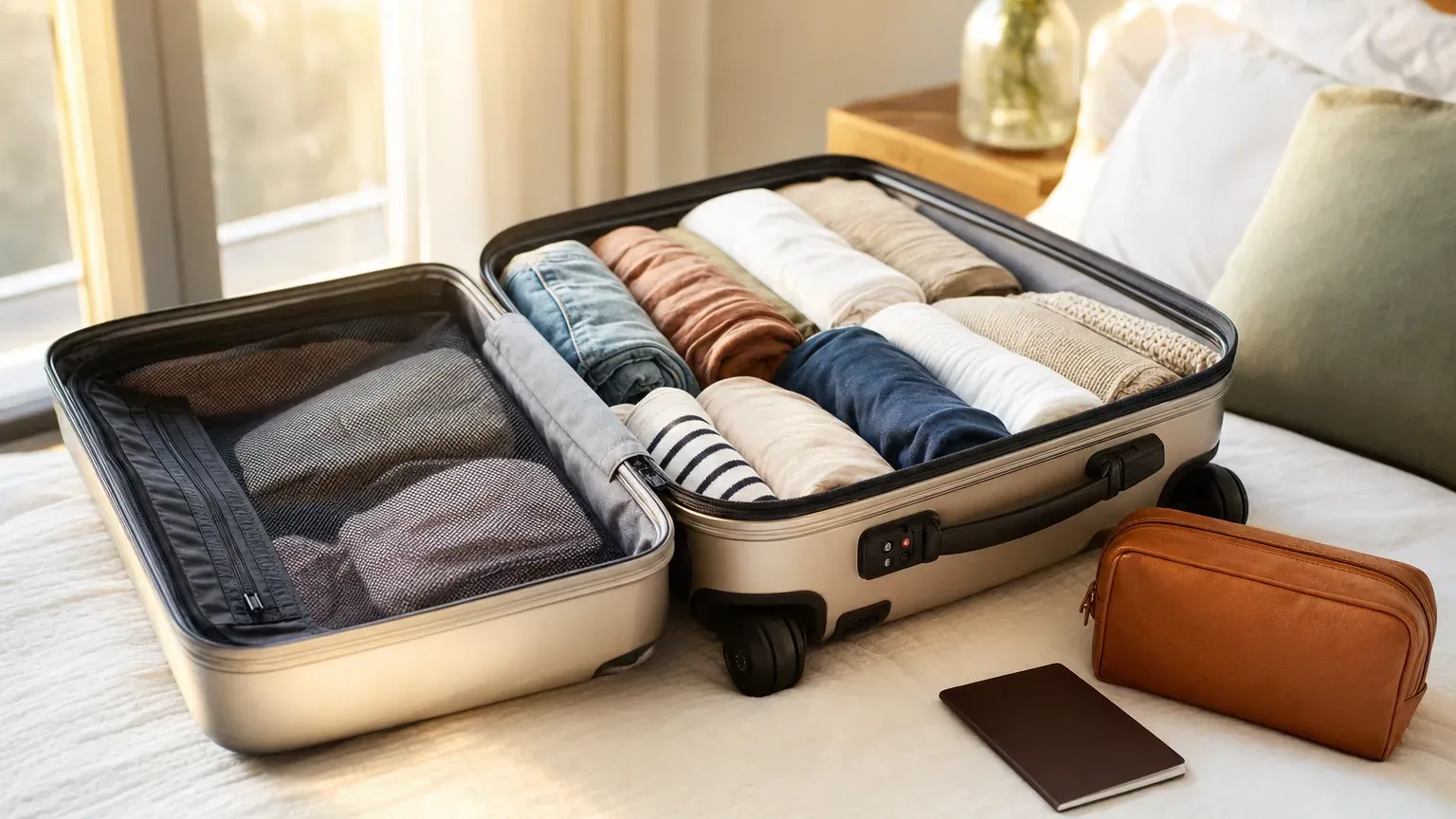 Valise cabine ouverte sur un lit avec des vêtements roulés et bien rangés