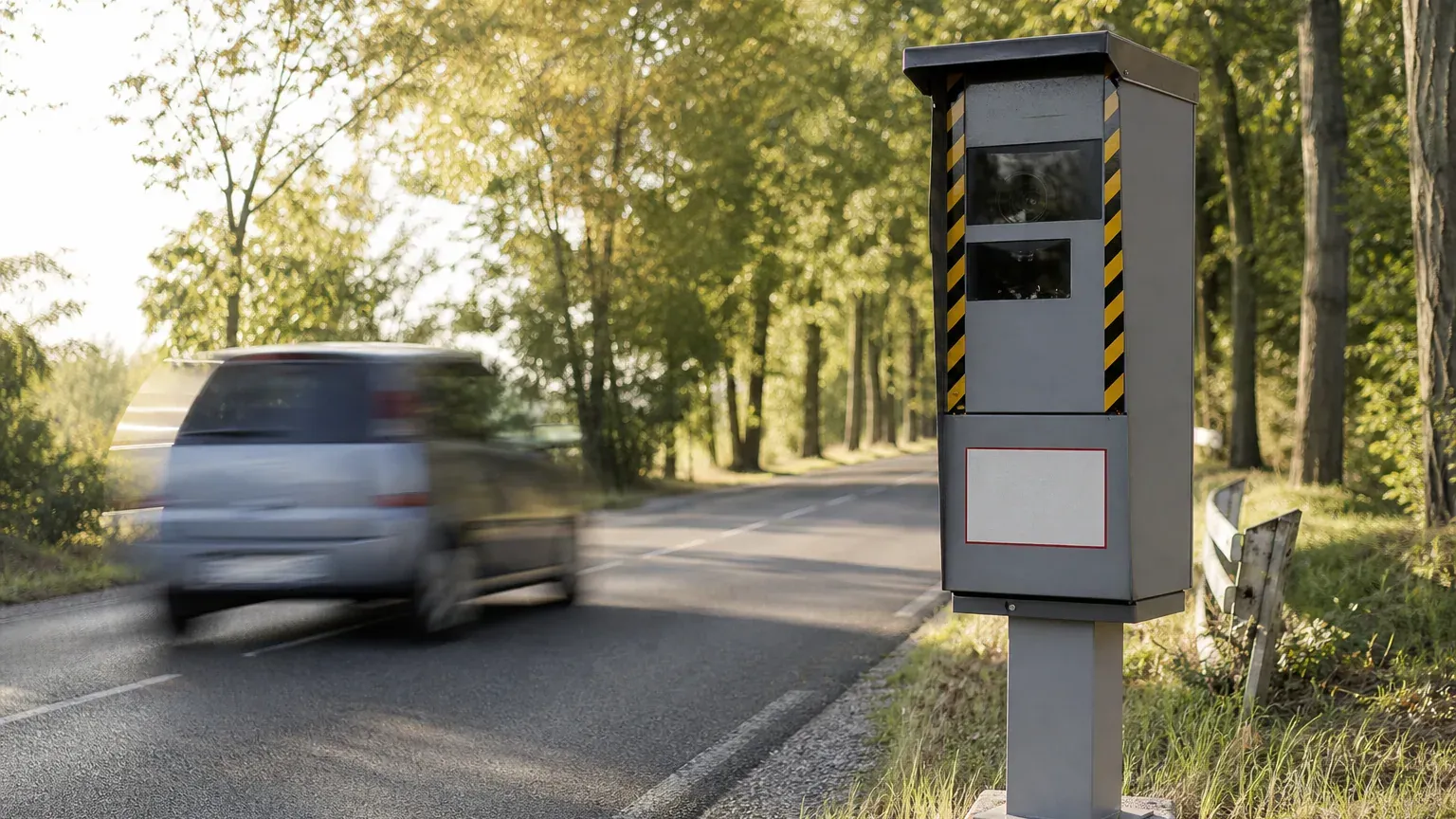 Radar automatique de contrôle de vitesse au bord d'une route bordée d'arbres, voiture qui passe