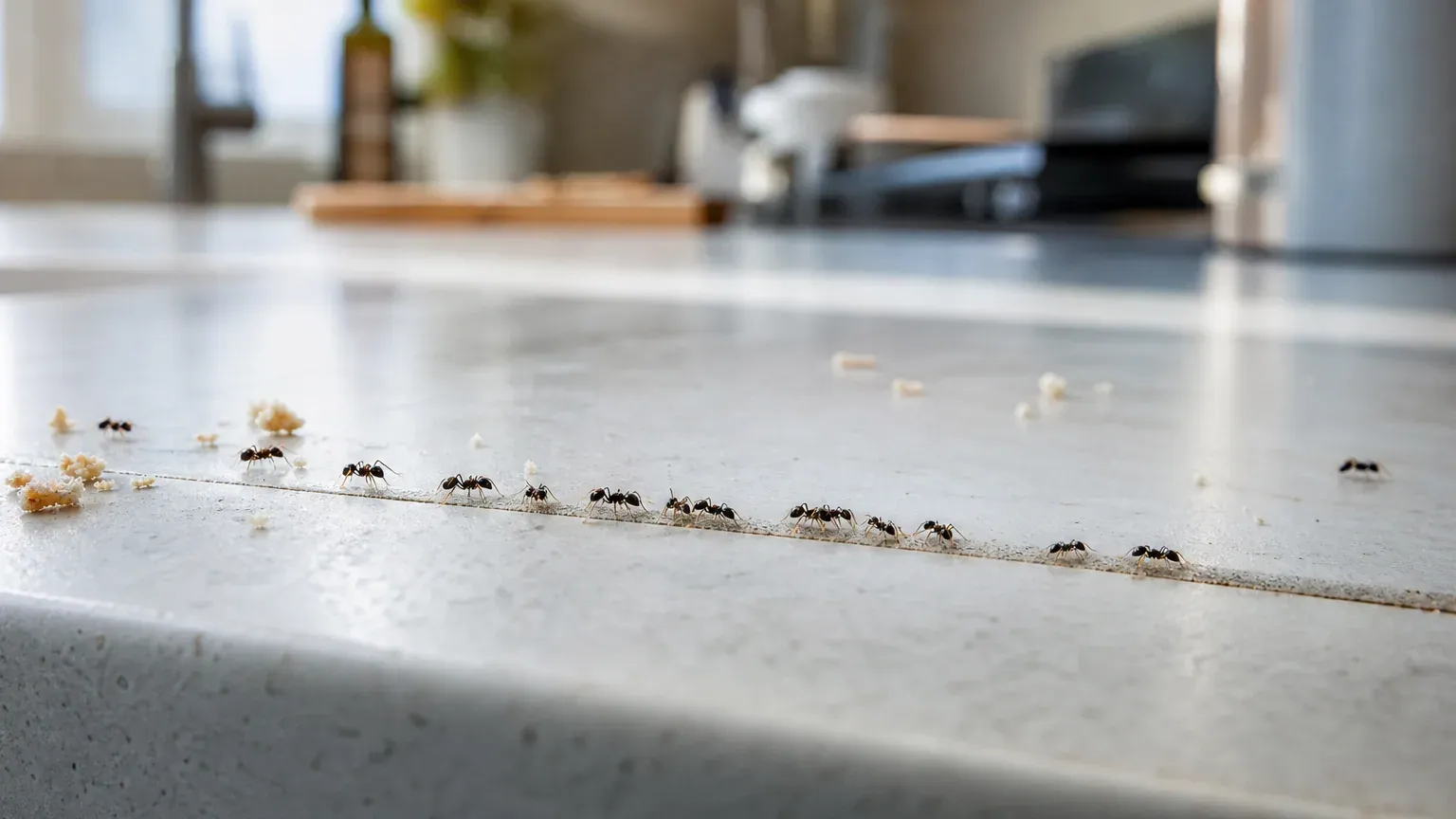 File de fourmis noires longeant la jointure d'un plan de travail de cuisine