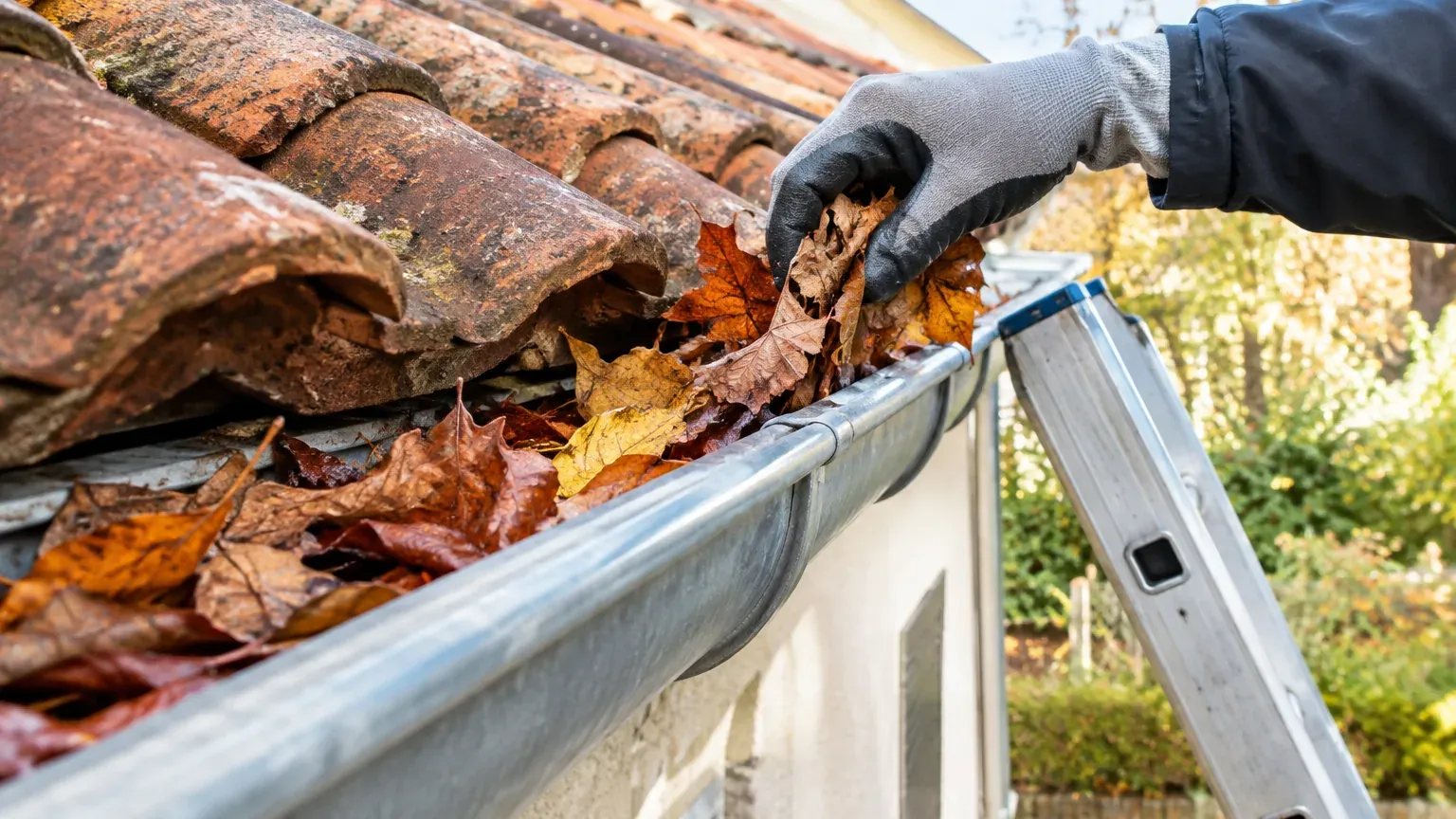 Main gantée retirant des feuilles mortes d'une gouttière en zinc au bord d'un toit de tuiles, échelle contre le mur