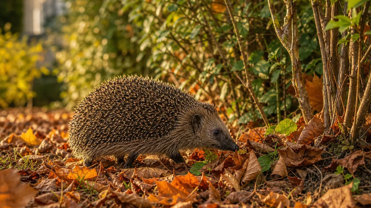 Hérisson marchant sur un tapis de feuilles mortes au pied d'une haie dans un jardin en automne
