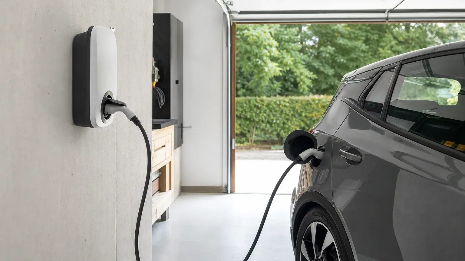 Voiture électrique en charge sur une borne murale installée dans un garage résidentiel