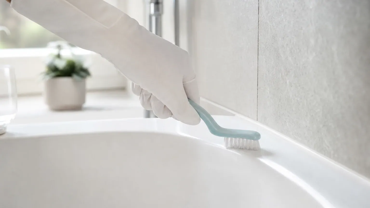 Main gantée nettoyant à la brosse le joint en silicone d'une baignoire dans une salle de bain claire