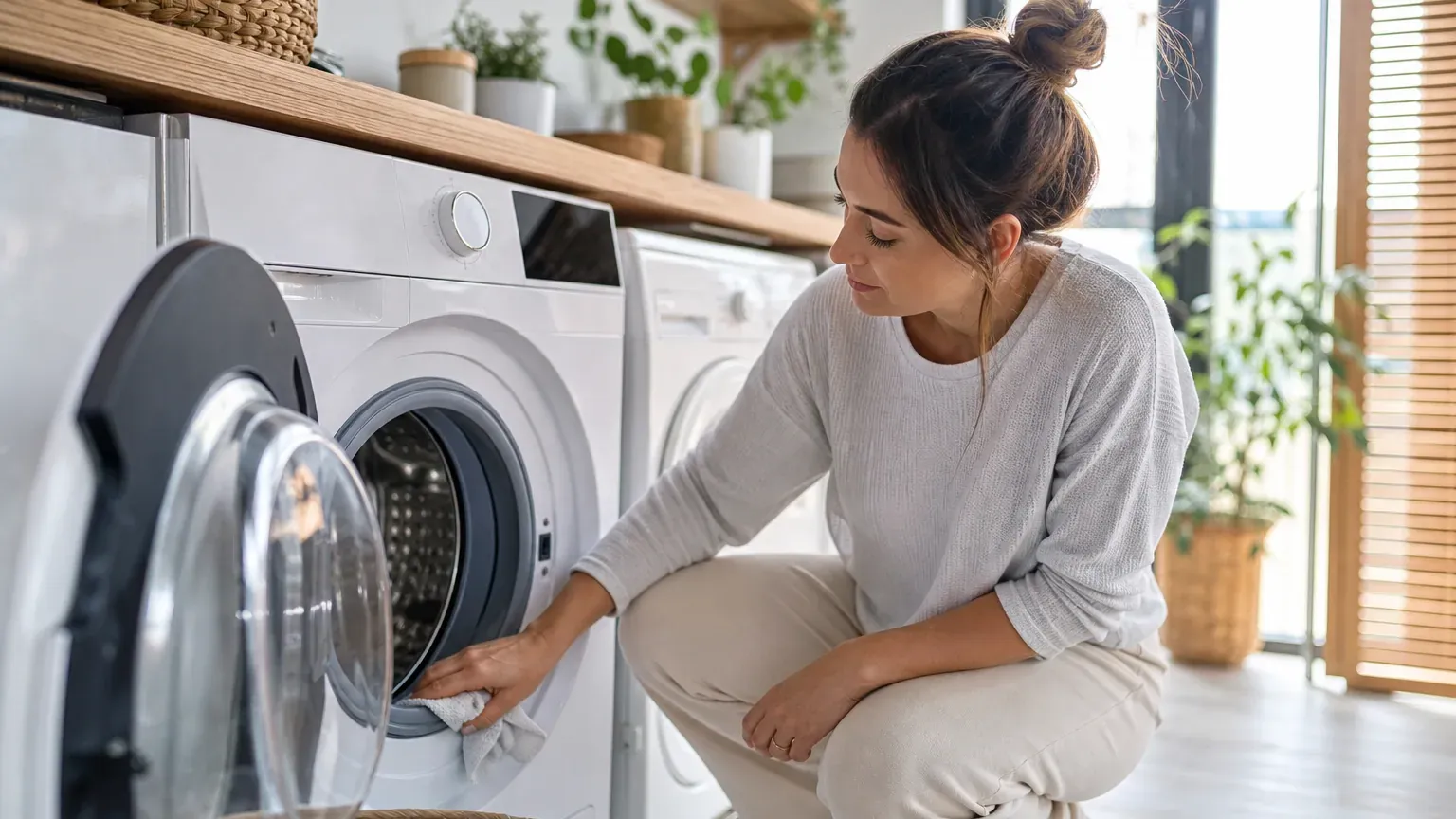 Personne nettoyant le joint du hublot d'un lave-linge avec un chiffon dans une buanderie
