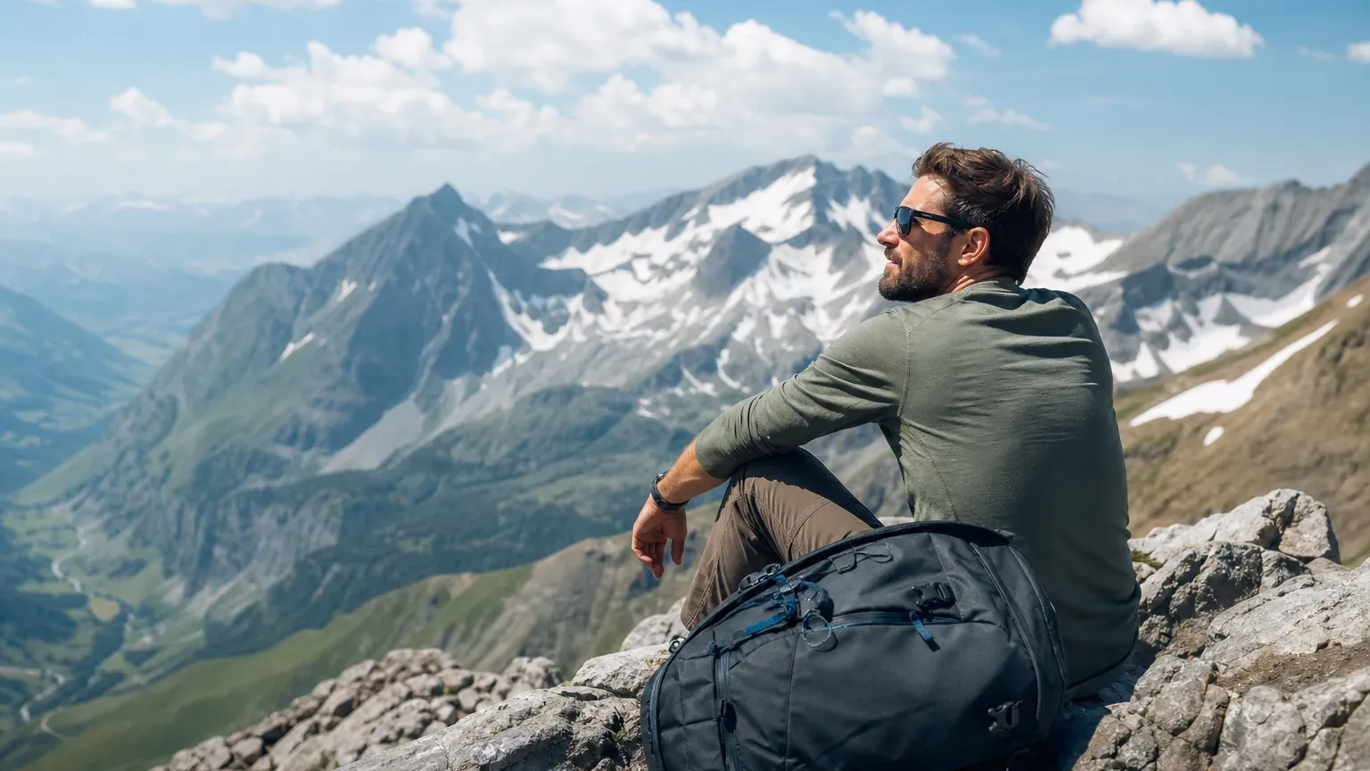 Randonneur faisant une pause en pleine montagne avec un sac à dos, paysage de haute altitude