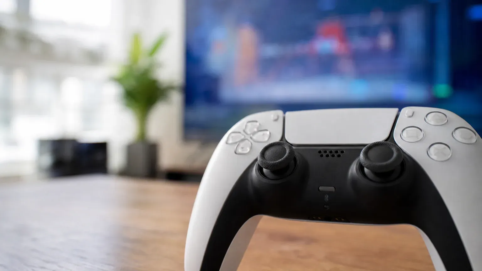 Manette de jeu vidéo posée sur un bureau, stick analogique en premier plan