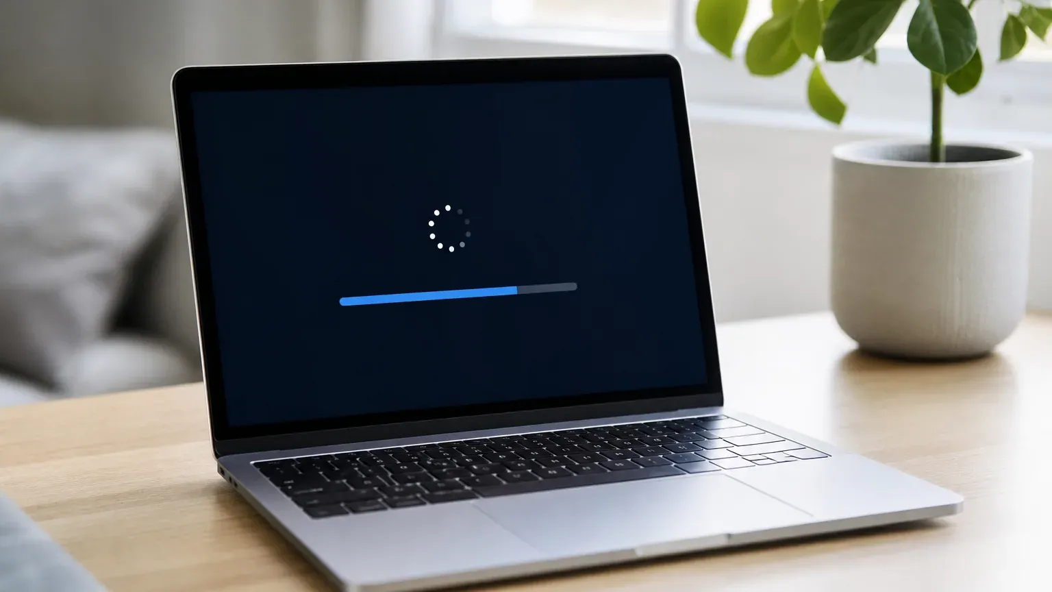 Ordinateur portable affichant un écran de mise à jour Windows avec une barre de progression